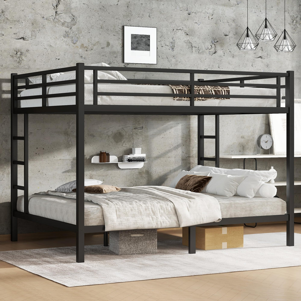 Bellemave Queen Over Queen Bunk Bed for Adults Teens, Metal Queen Bunk Bed with 2 Ladder & Safety Guardrails Heavy Duty Queen Size Bunk Beds with Noise-Reducing Rubber Stoppers, Easy Assemble, Black Bellemave