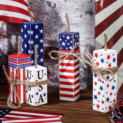 Weysat 5 Pcs 4th of July Tiered Tray Decor Wooden Rustic Patriotic Fireworks Centerpiece Wood Memorial Day Independence Day Red White and Blue Decorations for Farmhouse Home Table Decor