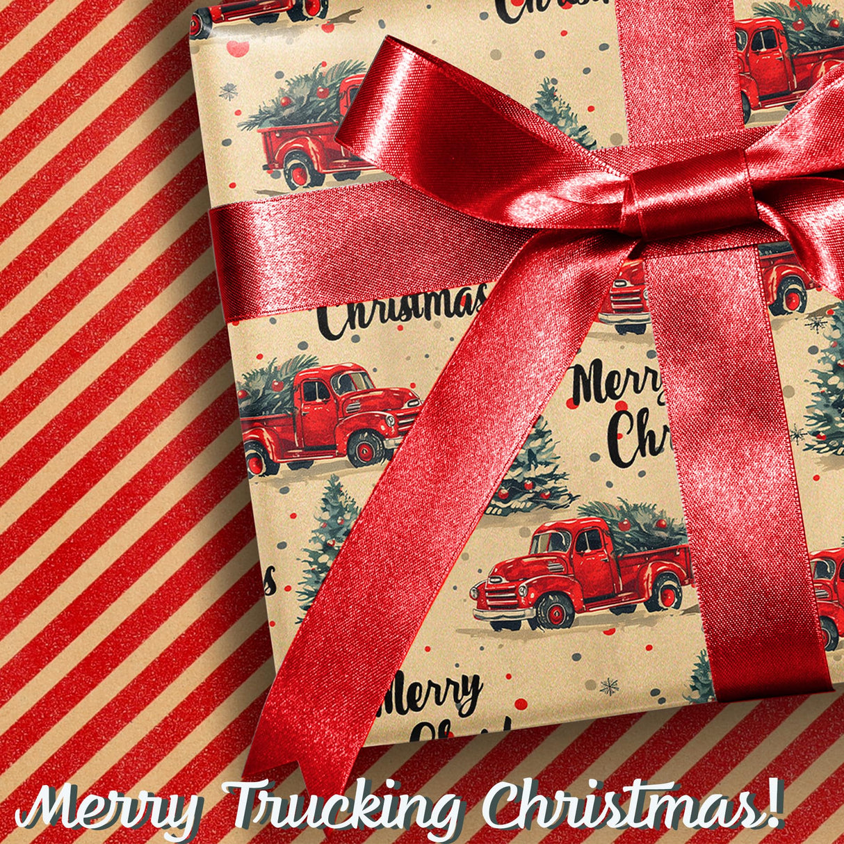 BIOBROWN Reversible Kraft Christmas Wrapping Paper - 17 Inch X 33 Feet (46.7 sq. ft. ttl.) - Vintage Trucks Design Perfect for Xmas, Party, Holiday Gift Wrap BIOBROWN