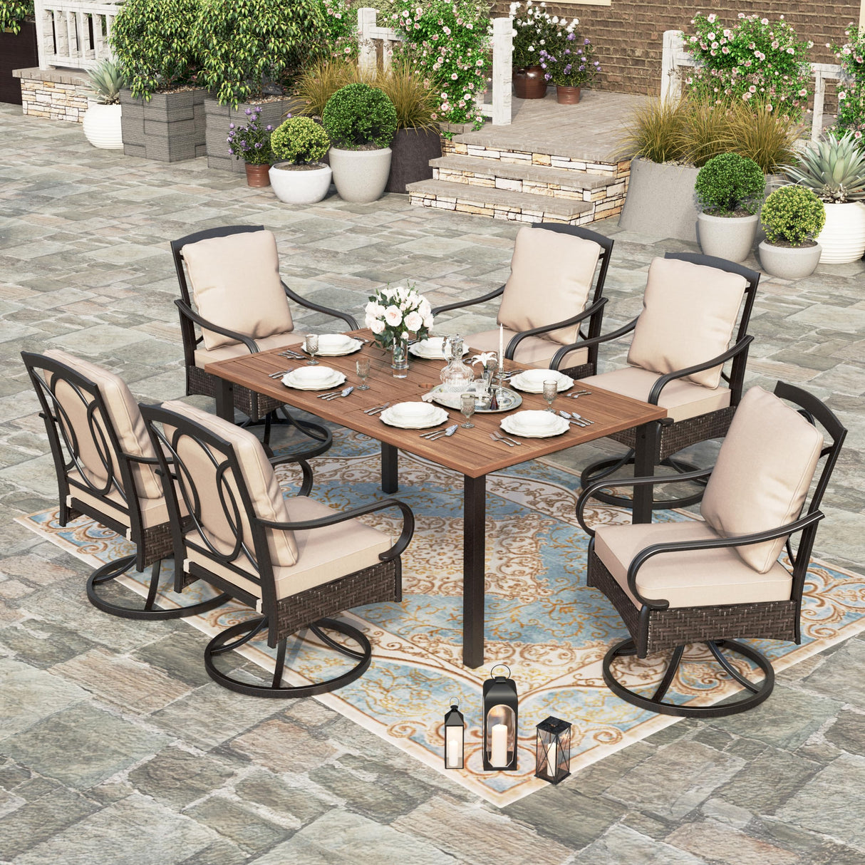 HERA'S HOUSE 7 Pieces Patio Dining Sets, 6 x Swivel Dining Chairs with Removable Cushions, 1 x Rectangular Wood-Like Dining Table, Outdoor Furniture Set for Patio Lawn Garden Porch HERA'S HOUSE