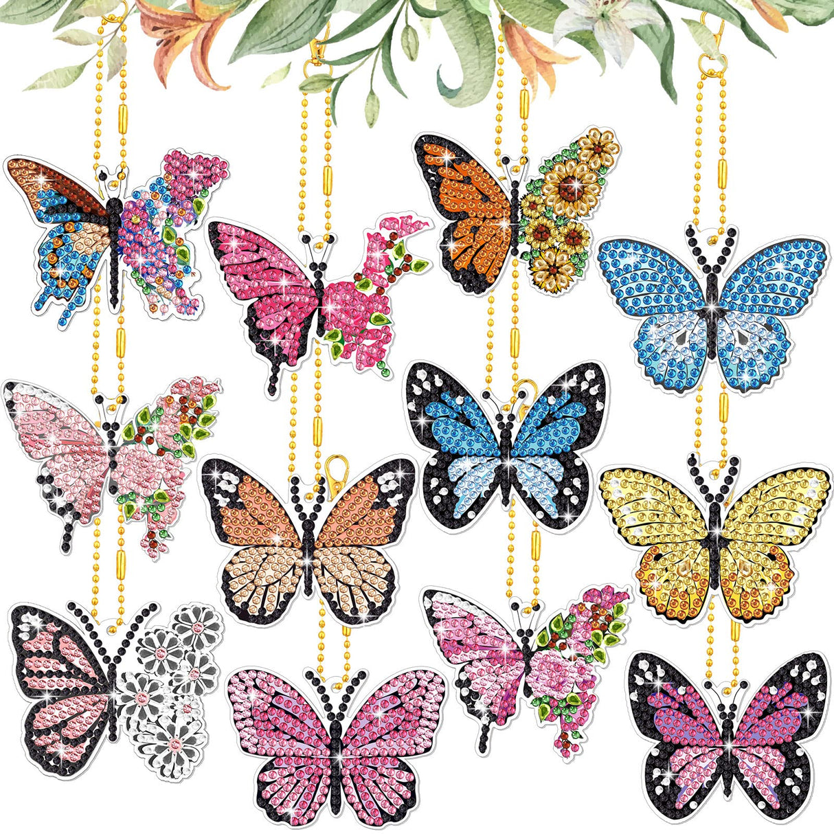 BBTO 12 Pcs Butterfly Diamond Painting Keychains Kit DIY 5D Diamond Art Key Rings Hanging Butterfly Diamond Painting Ornaments Butterflies Diamond Pendants for Spring Summer Beginner Adult Craft BBTO