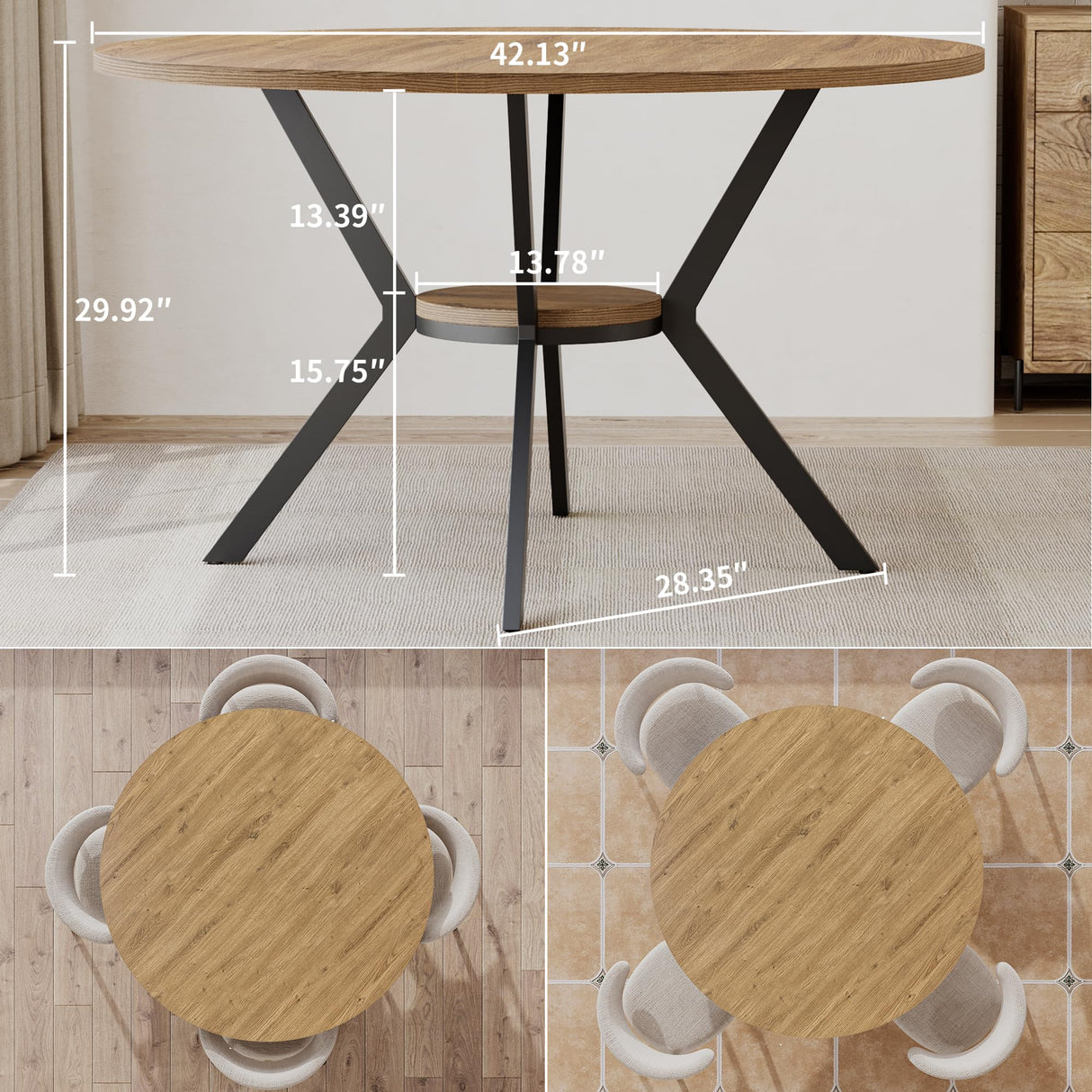 MECHYIN Round Dining Table for 4, 42 Inch Farmhouse Kitchen Table with Storage, Rustic Wooden Circle Dinner Pedestal Table with Metal Legs, Space Saving Kitchen & Dining Room Furniture, Natural Wood MECHYIN