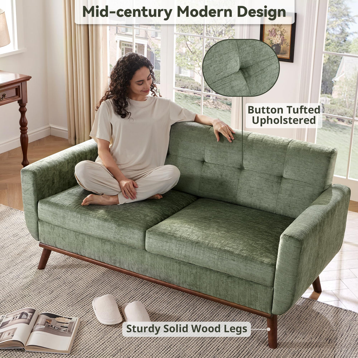 Kingfun 65.2" W Loveseat Sofa, Mid Century Modern Decor Love Seat Couches for Living Room, Button Tufted Upholstered Furniture, Solid & Easy to Install Small Couch for Bedroom Office Apartment, Green Kingfun