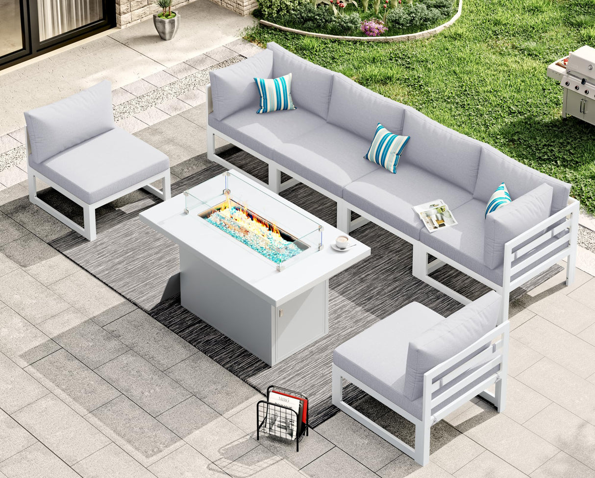 RADIATA 6 Person Large Modern Aluminum Outdoor Patio Furniture Set with Fireplace, 29" Wide Deep Seating, U Shaped Combo Sectional Couch, Water Resistant Conversation Set for Backyard Terrace, White RADIATA