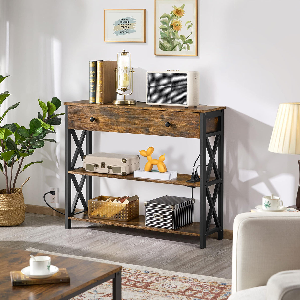 Topeakmart Console Table with Charging Station, 40" Narrow Entryway Table with 2 Power Outlets and 2 USB Ports, Sofa Hallway Table with Drawer, Behind Couch, for Living Room Rustic Brown Topeakmart