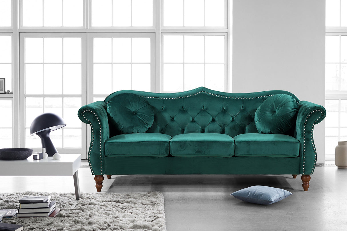 Container Furniture Direct Anna1 Chesterfield Velvet Couches for Living Room, Button Tufted Luxury Upholstery with Rolled Arms, High-Density Foam, Durable Wood Frame, 79.5" Sofa, Pine Green Container Furniture Direct