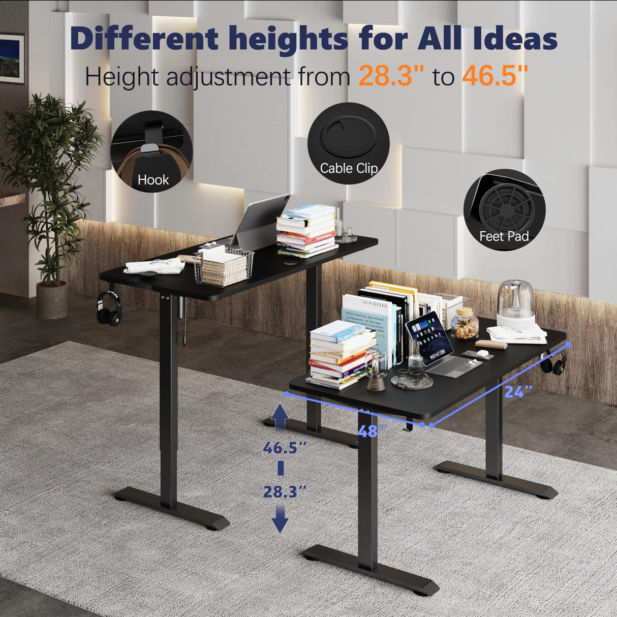 Monomi Electric Height Adjustable Standing Desk, 48x24 Inches, Ergonomic Home Office Sit/Stand Up Desk (Black Steel Frame/Black Top) Monomi