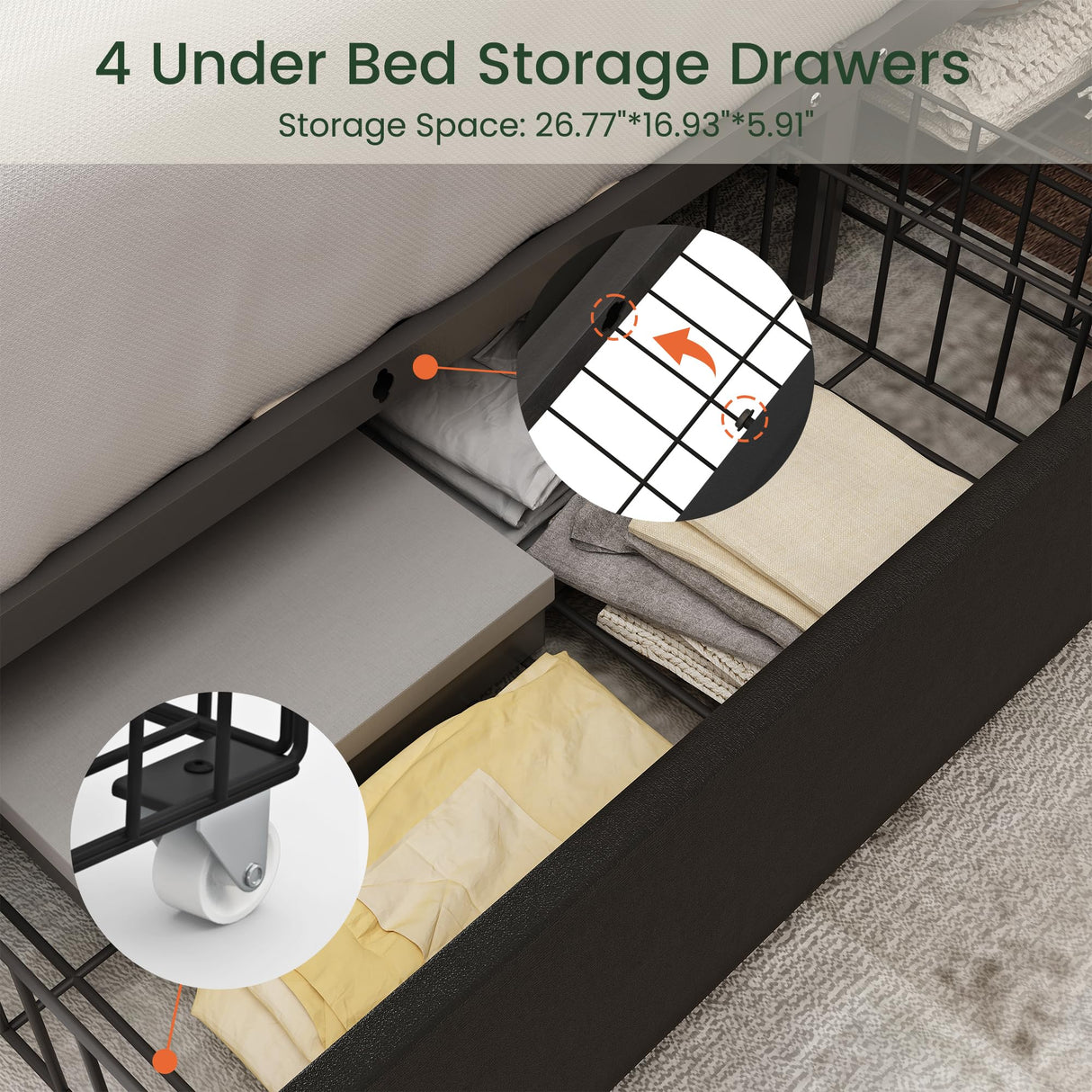 LARMACE King Size Bed Frame with Storage and Tufted Headboard Velvet Upholstered Platform Bed Frame with 4 Drawers, Wood Slats Support, Easy Assembly, Noise-Free, Black LARMACE