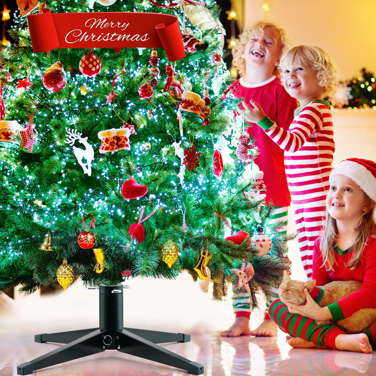 Sliner 360 Degree Rotating Christmas Tree Stand, Up to 7.87 Ft, 100lb Artificial Christmas Tree, Metal Spinning Christmas Tree Stand Base with a Built Electrical Outlet(Simple Style) Sliner