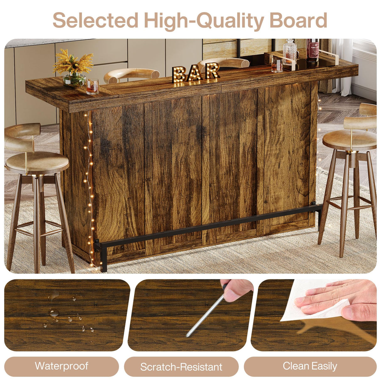 Tribesigns 4-Tier Bar Table, 70.9-Inch Large Wood Home Bar Unit with Wine Glass Holder and Black Footrest, Pub Table with Storage Shelves for Kitchen, Indoor, Brown Tribesigns