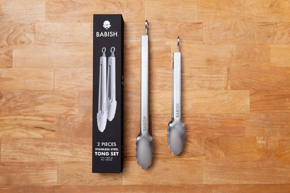 Babish 12” & 9” Locking Kitchen Tong Set, Stainless Steel Babish