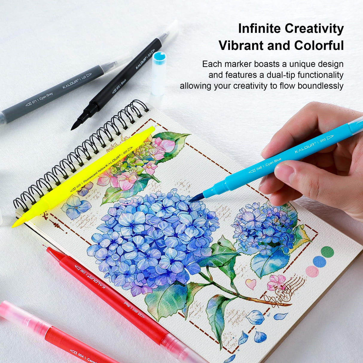 KALOUR 72 Art Markers Pens Set, Dual Tip Brush and Fine Point, Color Number and Name, Zipper Case, Adult Coloring, Lettering, Drawing KALOUR