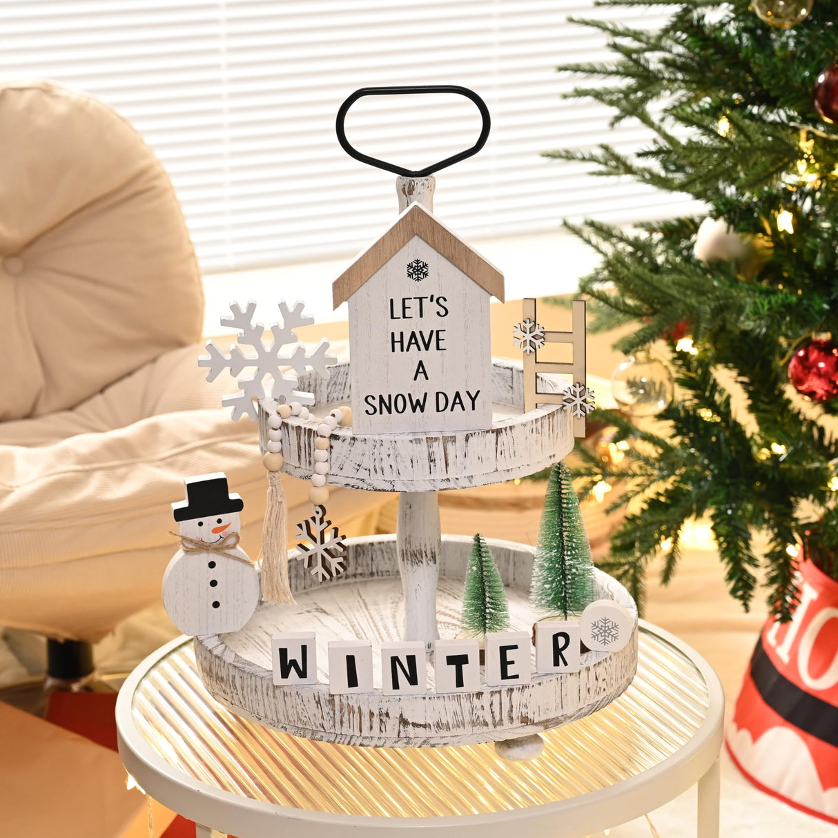FESTGLOX 14Pcs Winter Christmas Tiered Tray Decor, Snowman Wood Signs Set for Tiered Tray, Small Rustic Winter Snowman Signs and Christmas Tree for Home Table Decoration (Tray Not Included) FESTGLOX