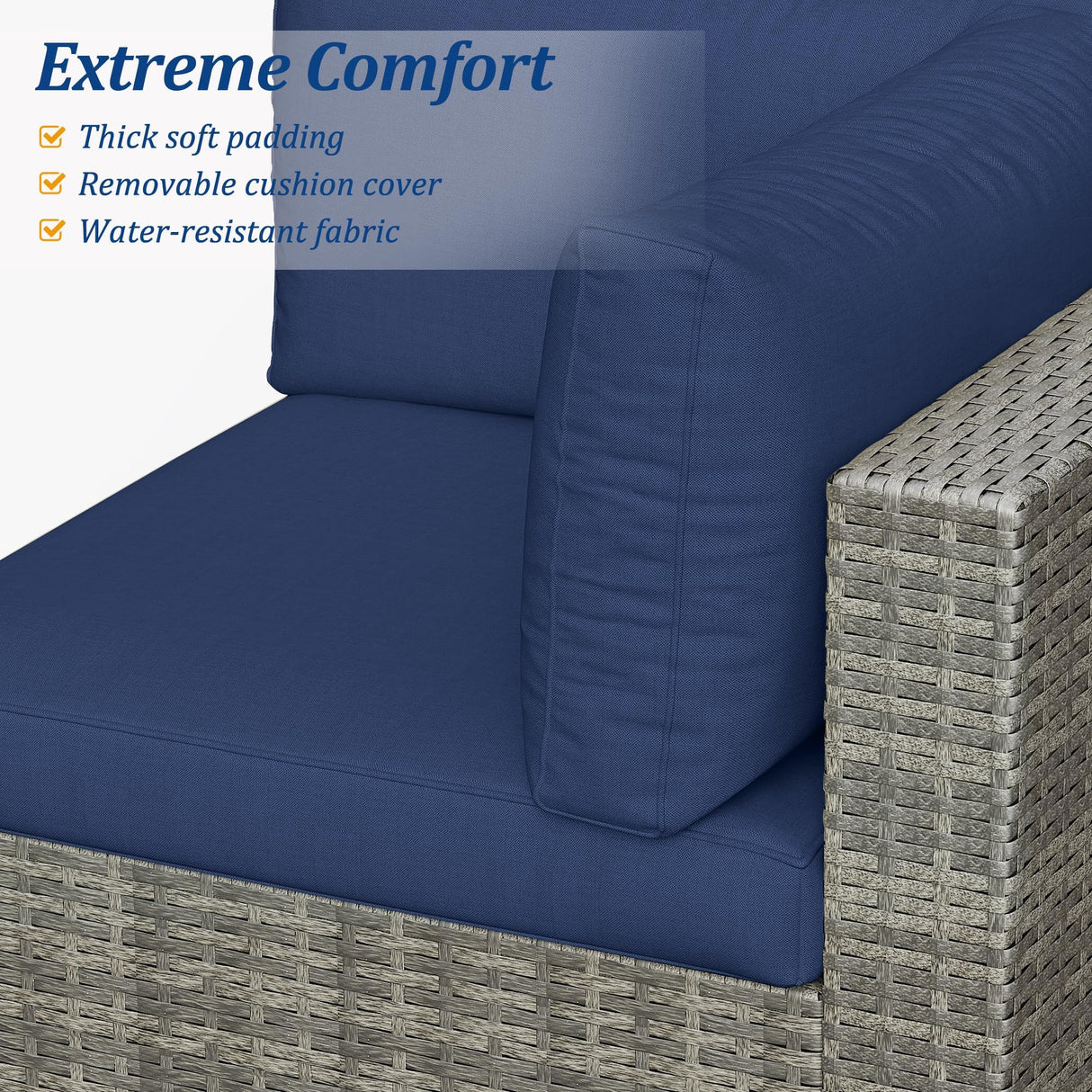 7-Piece Modular Patio Furniture Set, Wicker Outdoor Sectional Sofa with Cushions and Coffee Table, All Weather Patio Conversation Sets for Porch Balcony Backyard, Dark Blue Kiss the Water