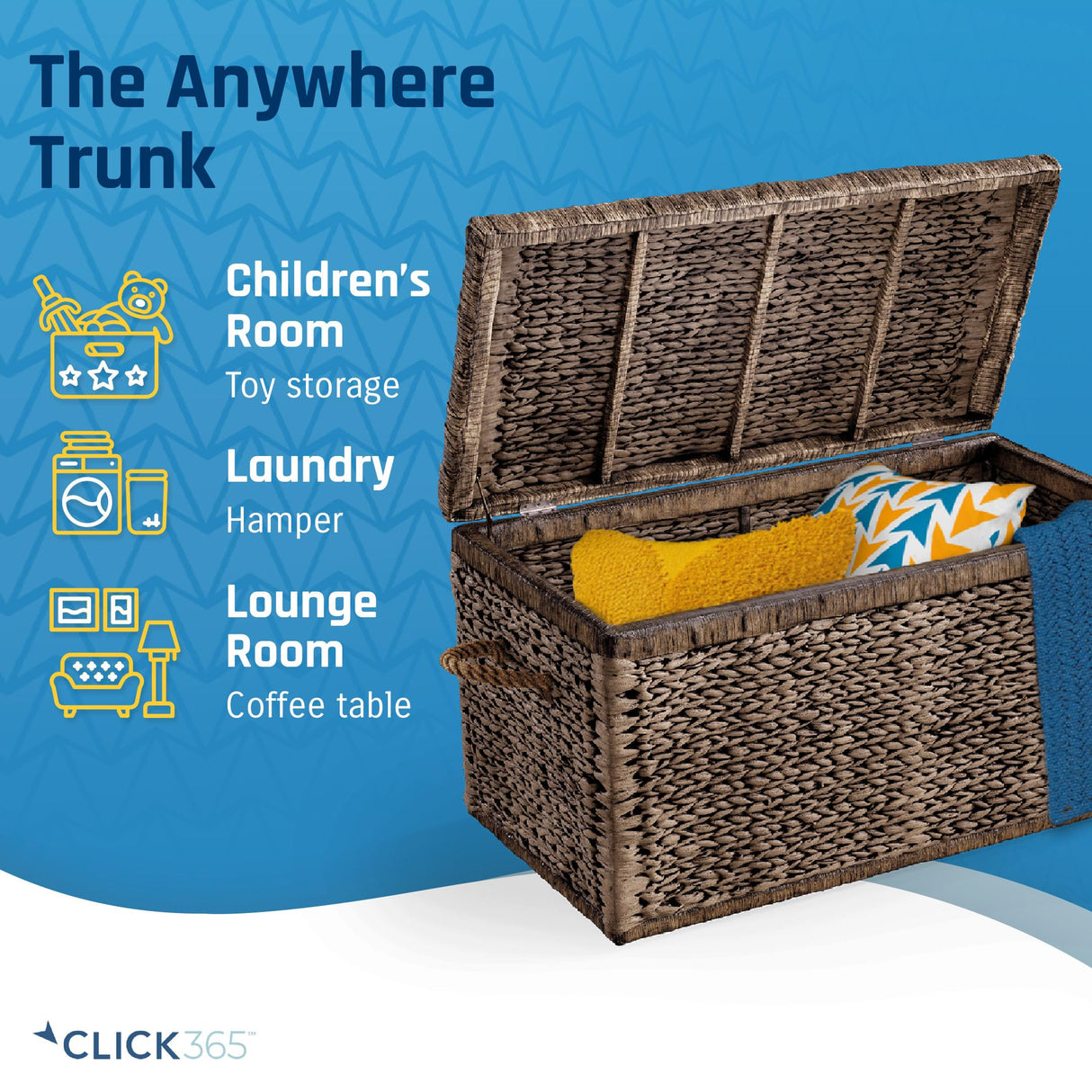 Click365 Storage Trunk, Farmhouse Style, Extra Large (33”), Deep, Woven Wicker Chest With Metal Frame, 2 Handles, Flip Top Lid and Stay Open Safety Hinges, Sustainable Eco Material, Rustic Brown ClickDecor