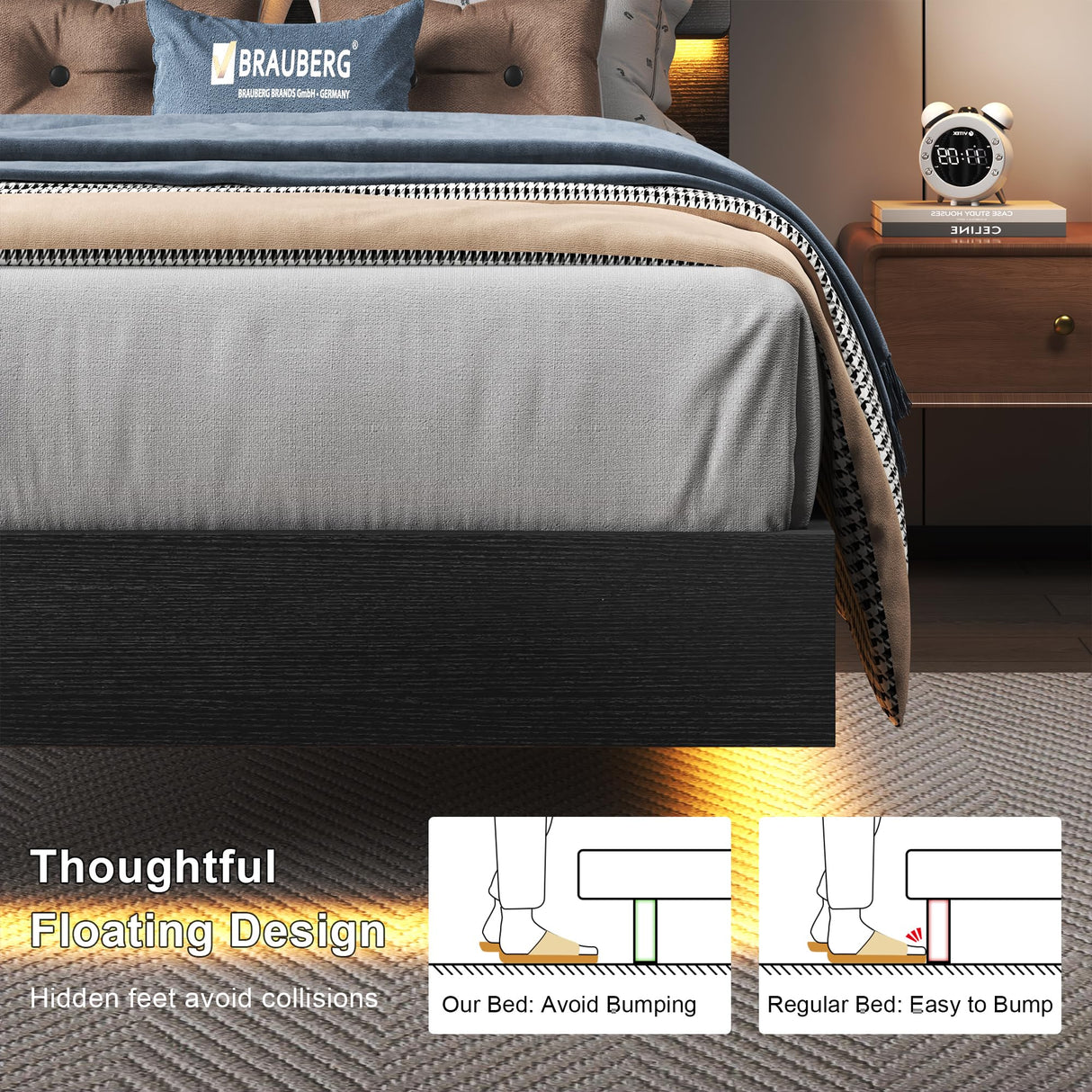 Feonase Twin Floating Bed Frame with Led Lights and Charging Station, Wood Twin Size Bed Frame with Storage Headboard, Heavy Duty Metal Slats, No Box Spring Needed, Easy Assembly, Black Feonase