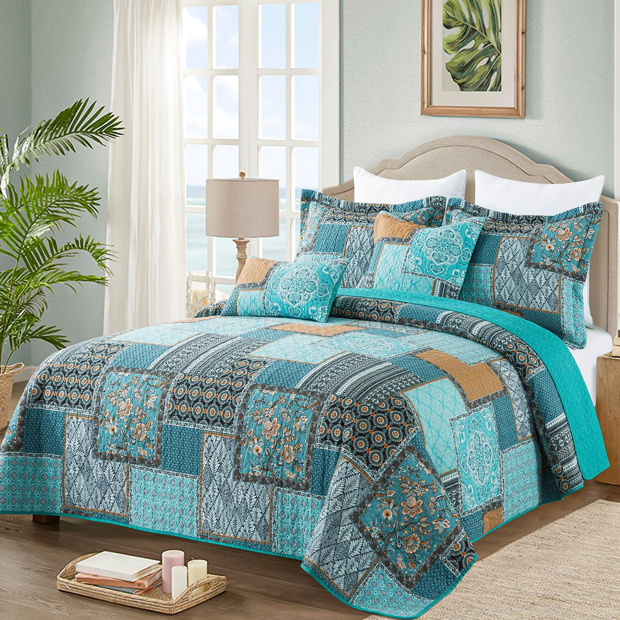 VAPUTAR Oversized King Size Quilt Bedding Set - Cotton California King Size Bedspreads (108 * 118 in) - Lightweight Floral Quilts for Farmhouse Bedroom (Teal/Green Chic, 3 Pieces) VAPUTAR
