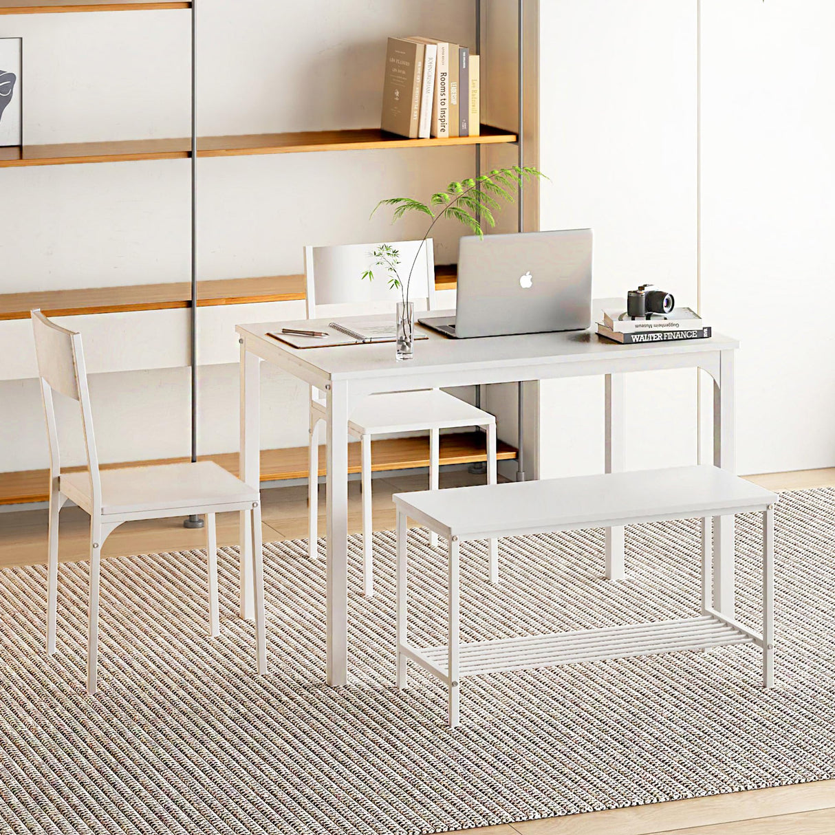 sogesfurniture Modern 4-Piece Kitchen Dining Table Set with 1 Bench and 2 Chairs, Kitchen Bench Table Set for 4, Wooden Kitchen Table and Chairs for Limited Space,White sogesfurniture