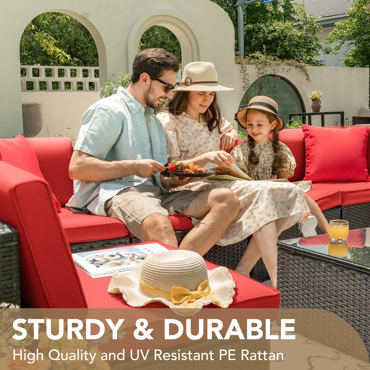 Devoko Patio Furniture Sets 6 Pieces Outdoor Sectional Rattan Sofa Manual Weaving Wicker Patio Conversation Set with Glass Table and Cushion (Red) Devoko