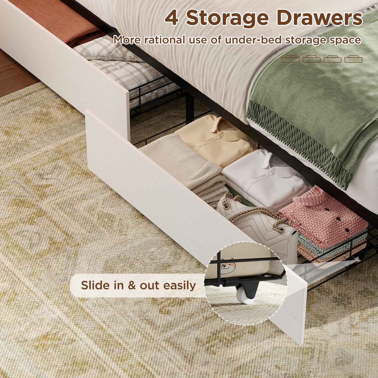 Maupvit Farmhouse Queen Size Bed Frame with 4 Drawers and Bookcase Headboard, Sliding Barn Door Storage Shelves, Charging Station,LED Light Metal Platform Bed Frame No Box Spring Needed, White Door K Maupvit