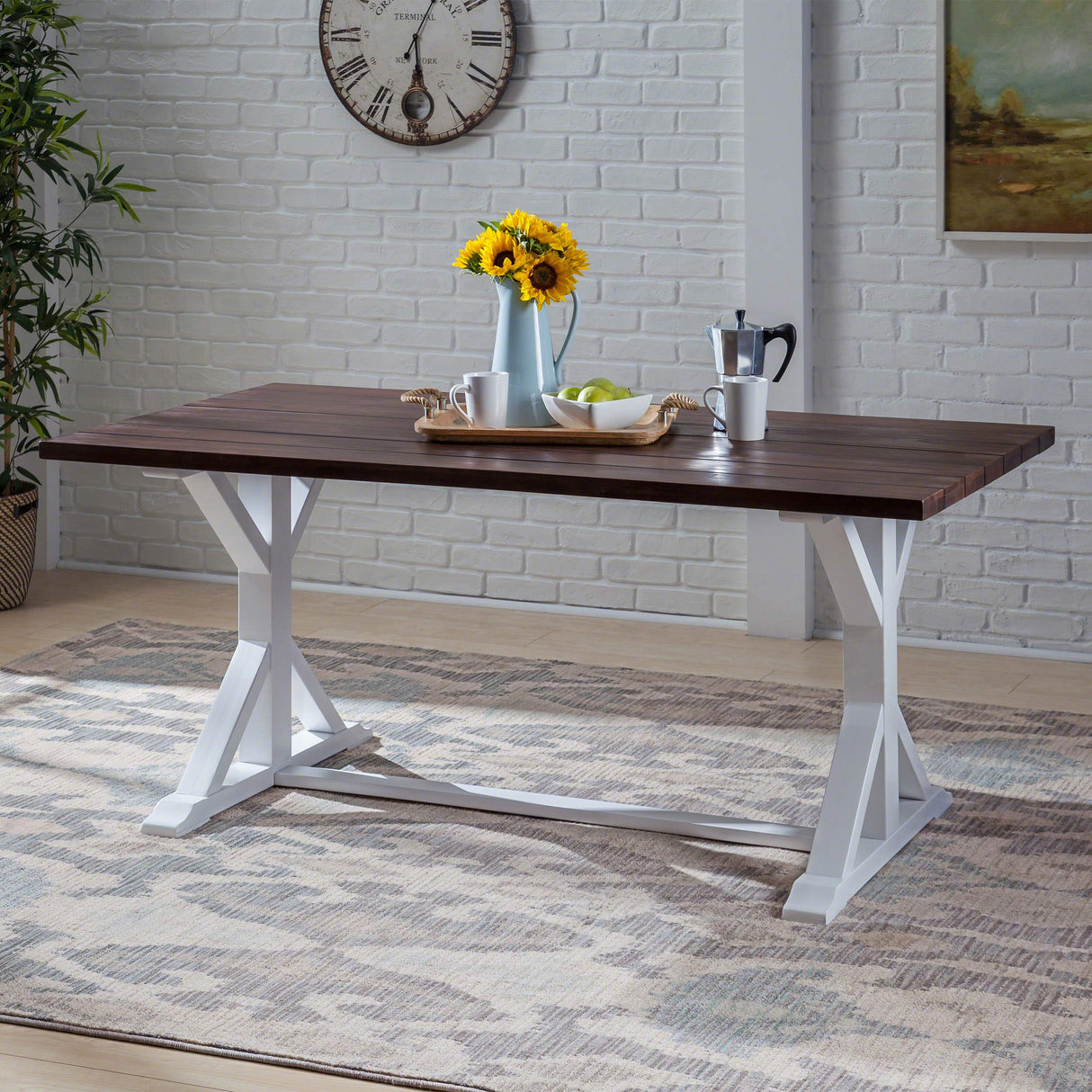 GDFStudio Rustic Farmhouse Acacia Wood Dining Table, Dark Brown and White GDFStudio