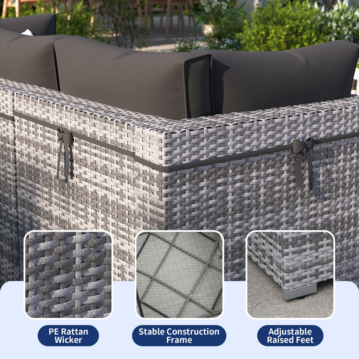 VONZOY Patio Furniture Set, 10-Piece Outdoor Sectional with Free Cover, All-Weather Wicker Patio Conversation Sets for Backyard (Grey with Black Cushion) VONZOY