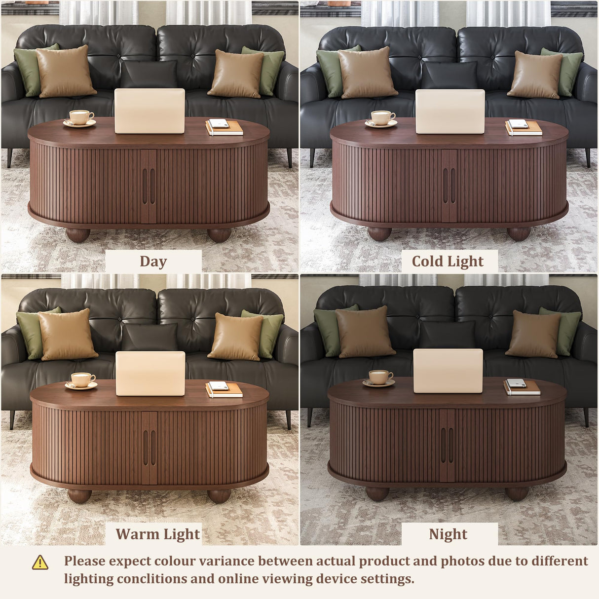 Alohappy Oval Coffee Table, Mid Century Modern Coffee Table with Sliding Tambour Doors, Fluted Center Table with Hidden Storage for Living Room, Dining Room, Apartment, Home Office, Dark Brown Alohappy