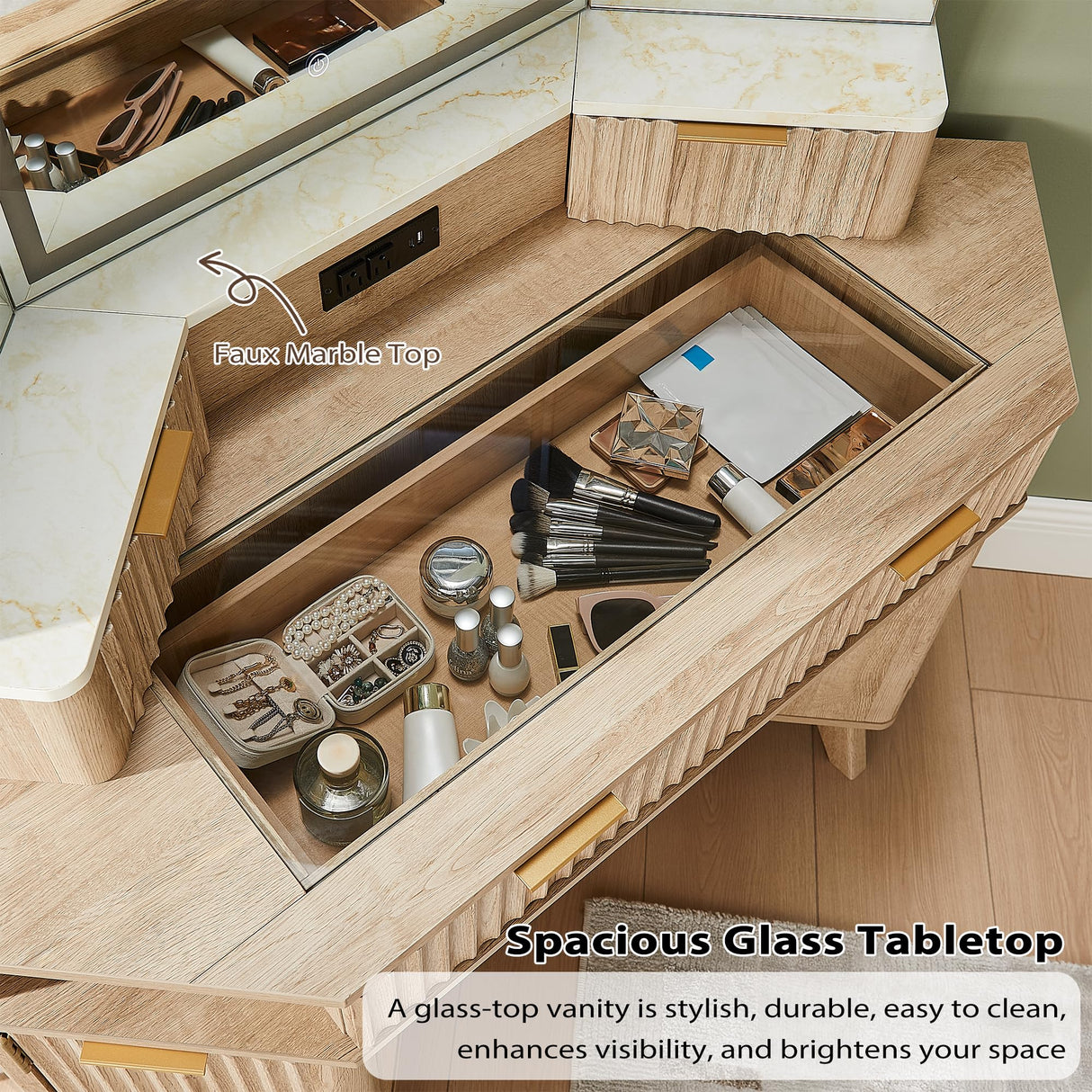 T4TREAM Fluted Makeup Vanity Desk with 3 Way Mirror and Lights, 48" Large Corner Vanity Table with Glass Top, Charging Station, 3 Drawers, Storage Cabinets & Shelves, for Bedroom, Natural Oak T4TREAM