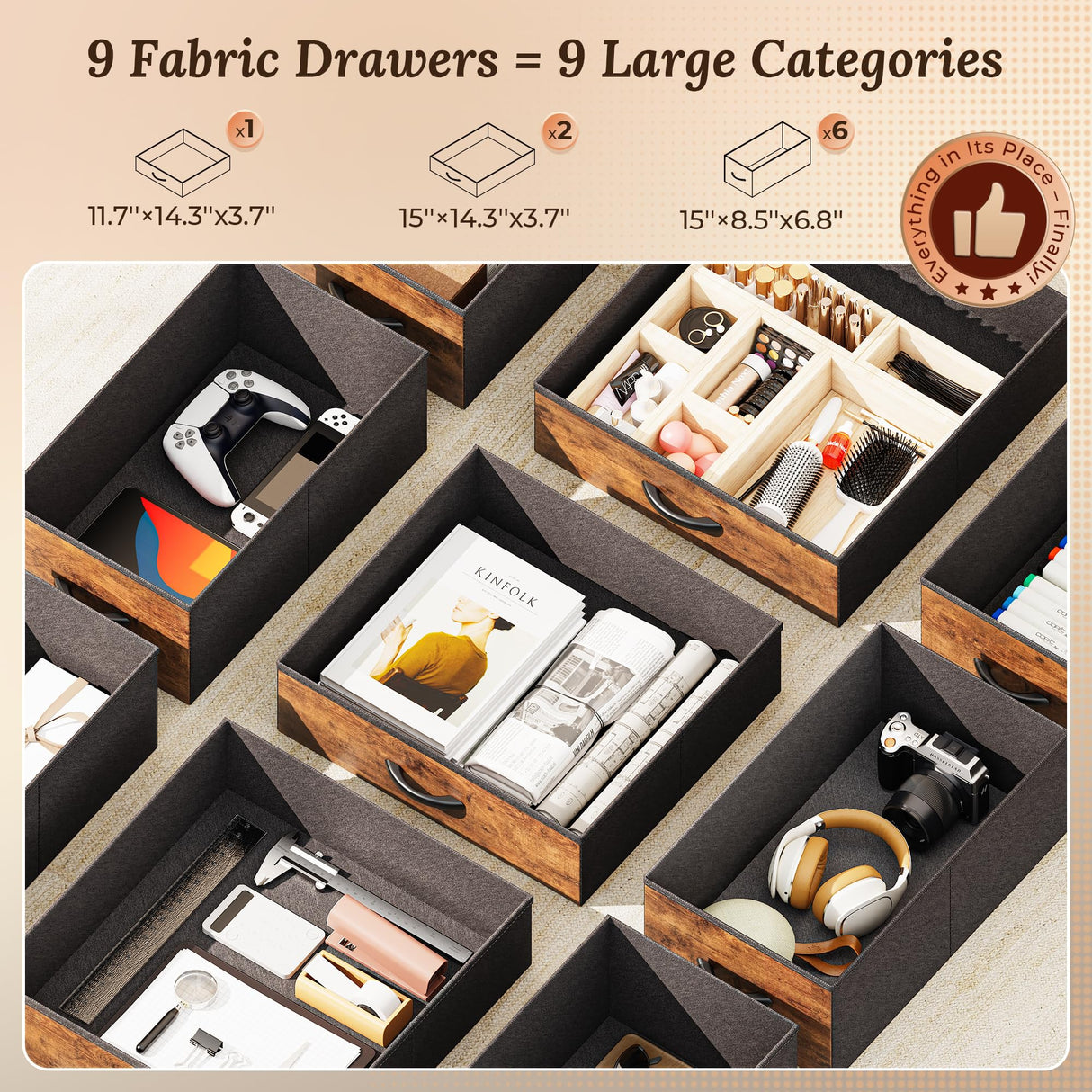 PRAISUN 47 Inch Office Desk with Outlets, Computer Desk with 9 Fabric Drawers, Writing Gaming Work Study Desk for Bedroom, Living Room, Home Office, Large Storage, Rustic Brown PRAISUN