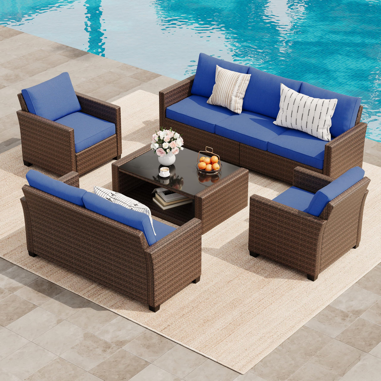 GarveeLife 5 Pieces Patio Furniture Set, 7-Seater Rattan Wicker Patio Conversation Sets with Coffee Table, Outdoor Sectional Patio Sofa Set, Brown Rattan and Blue Cushions GarveeLife