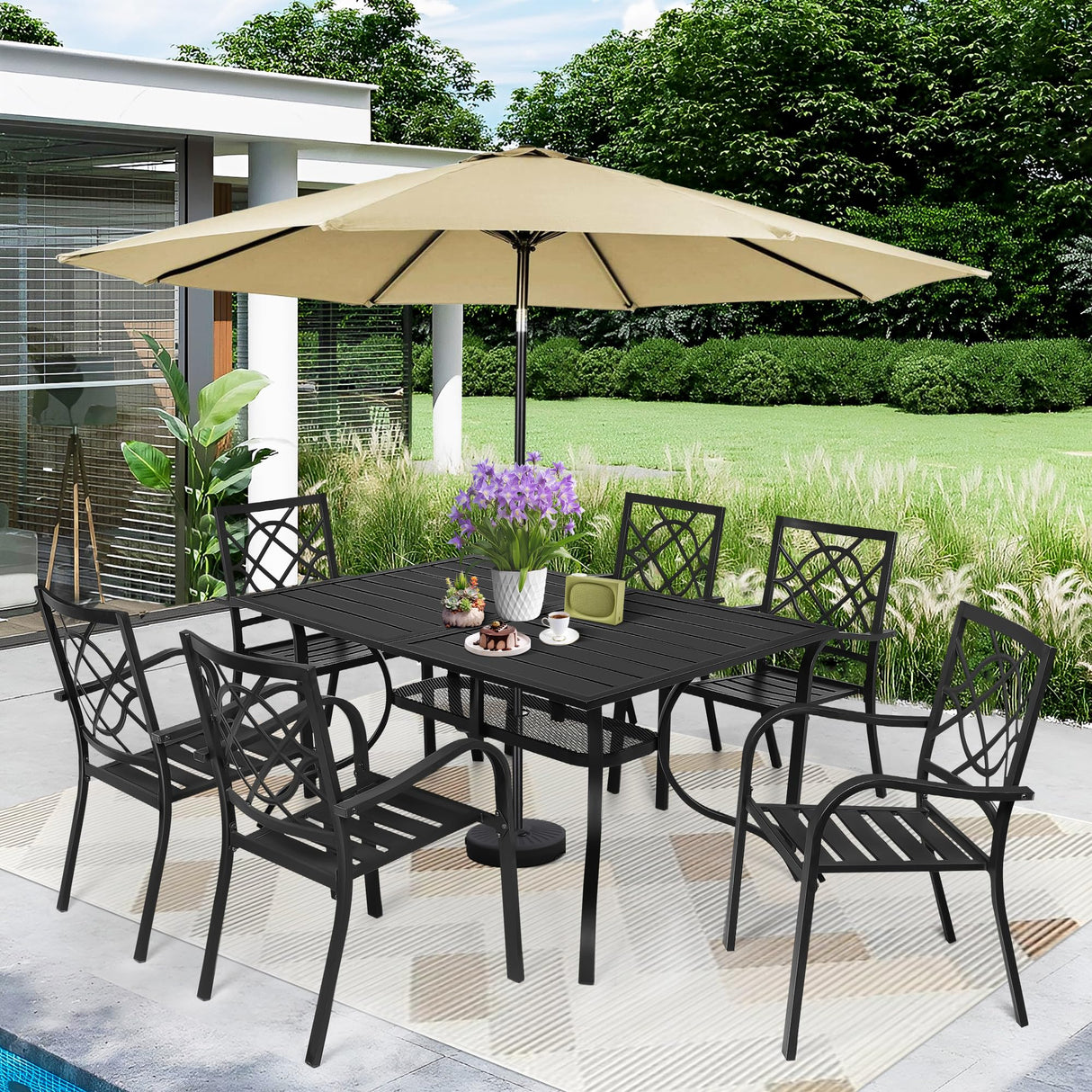 SUNCROWN 7-Piece Outdoor Wrought Iron Chairs and Table Patio Dining Furniture Set - 6 Stackable Metal Chairs, 1 Steel Slat Bistro Table and 1 Brown 9Ft Patio Umbrella for Garden Backyard Deck SUNCROWN