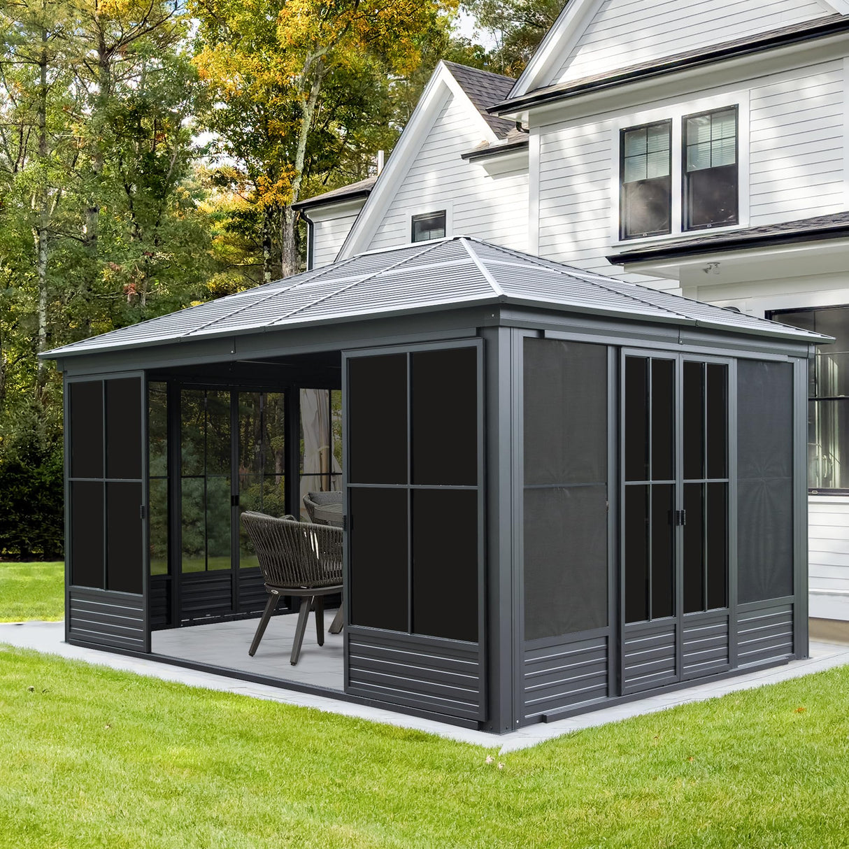 Domi 12x15FT Sunroom, Four Season Solarium with Galvanized Steel Hardtop, Aluminum Frame, 4 Sliding Doors, Movable PVC Screen Walls, All Weather Outdoor Pavilion for Patio, Deck, Backyard, Grey domi outdoor living