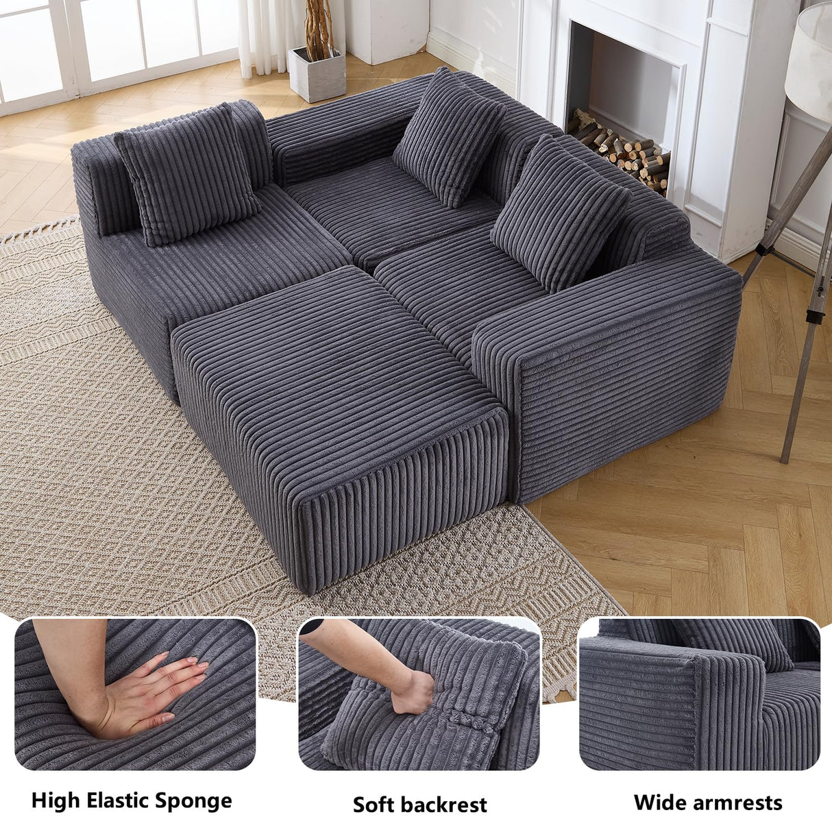 101'' Modular Sectional Sofa, Corduroy Cloud Couch with Ottomans, 3-Seater Convertible L-Shape Sofa with 3 Pillows, Sponge Compression Sofas for Living Room, No Assembly Required, Dark Gray Cesgyfut