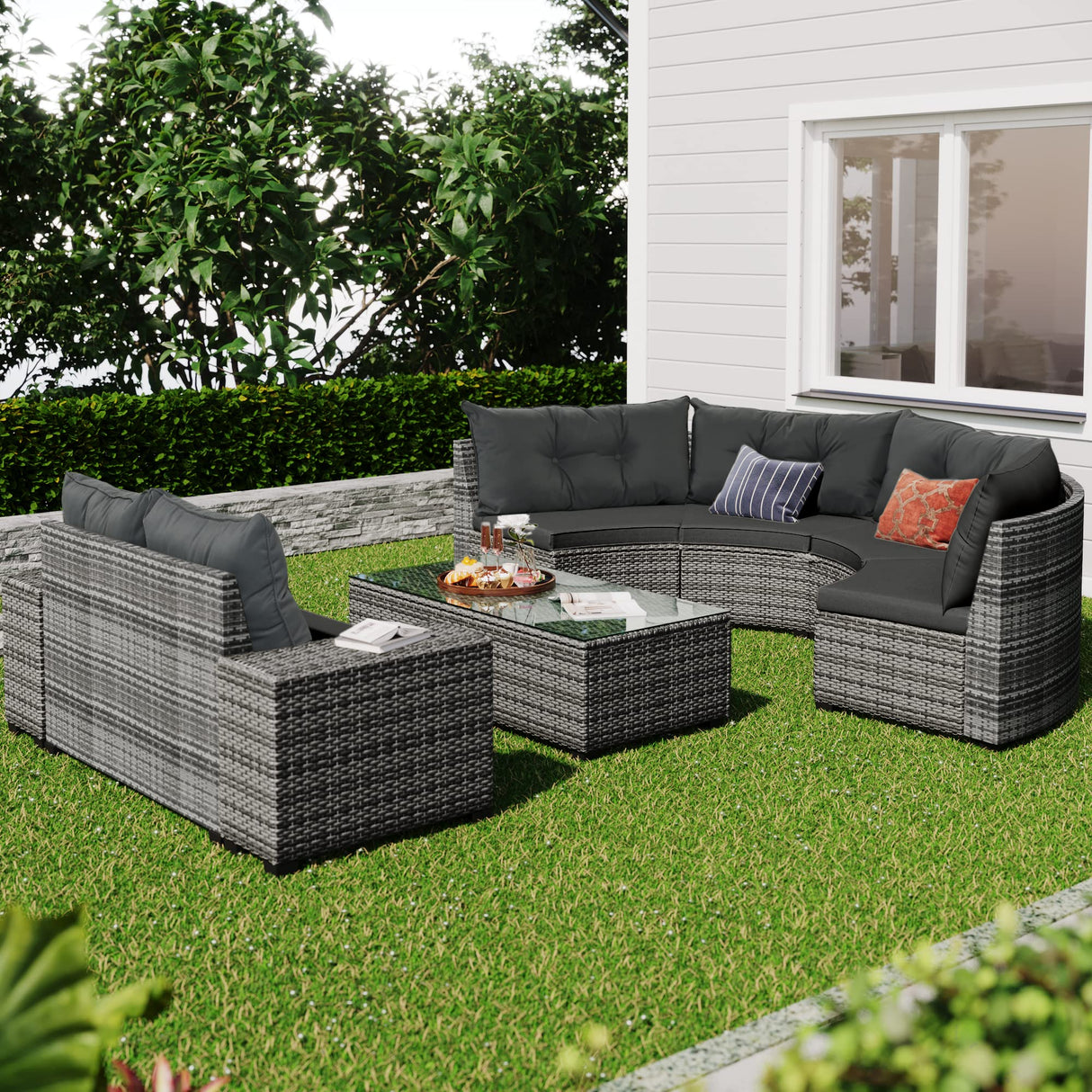 8-pieces Outdoor Patio Half-Moon Sectional Sofa Sets With Rectangular Coffee Table, All Weather PE Rattan Wicker Curved Sofa Set, Water-resistant and UV Protected Conversation Sets (Gray 8-piecesr) XD Designs