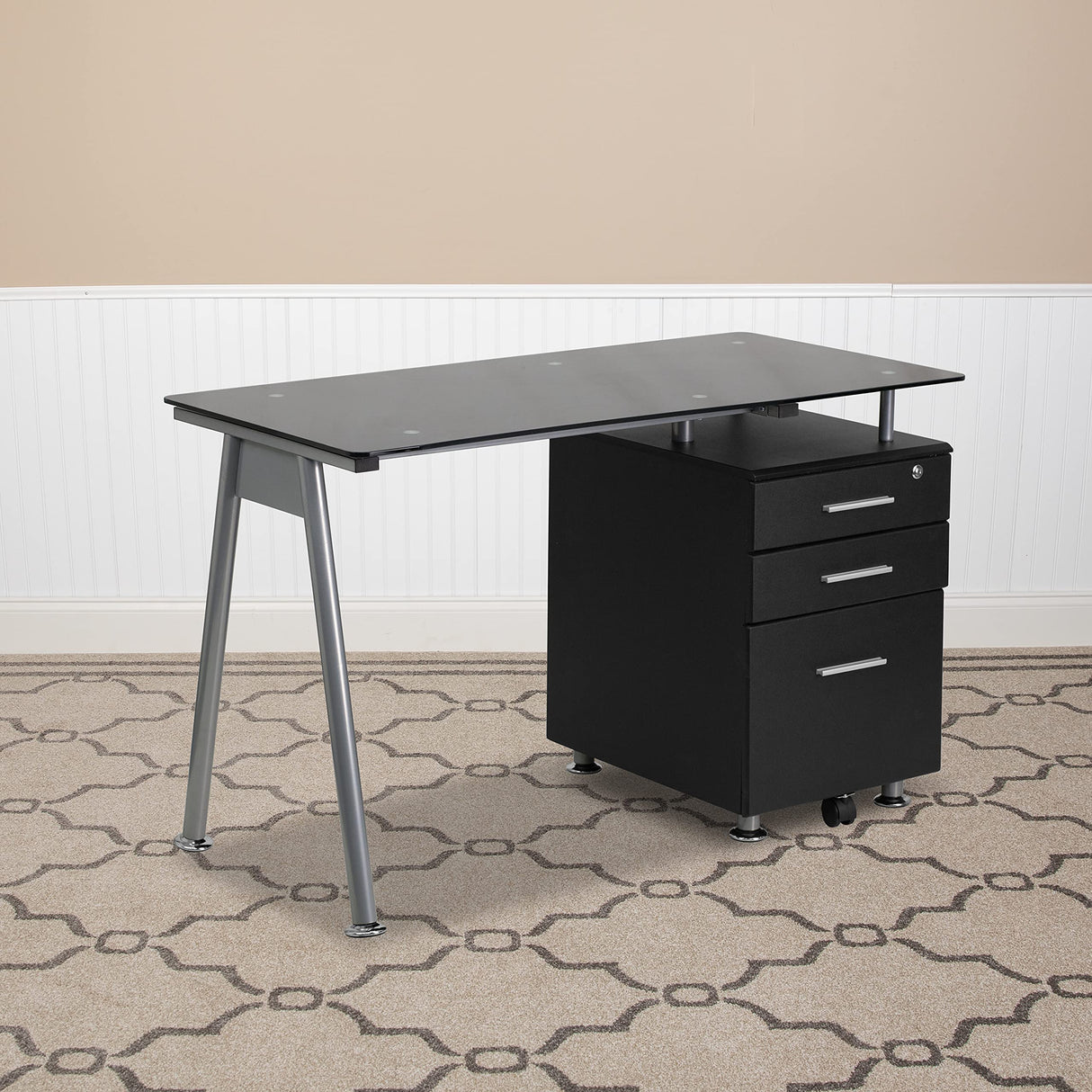 EMMA + OLIVER Black Glass Computer Desk with Three Drawer Pedestal EMMA + OLIVER