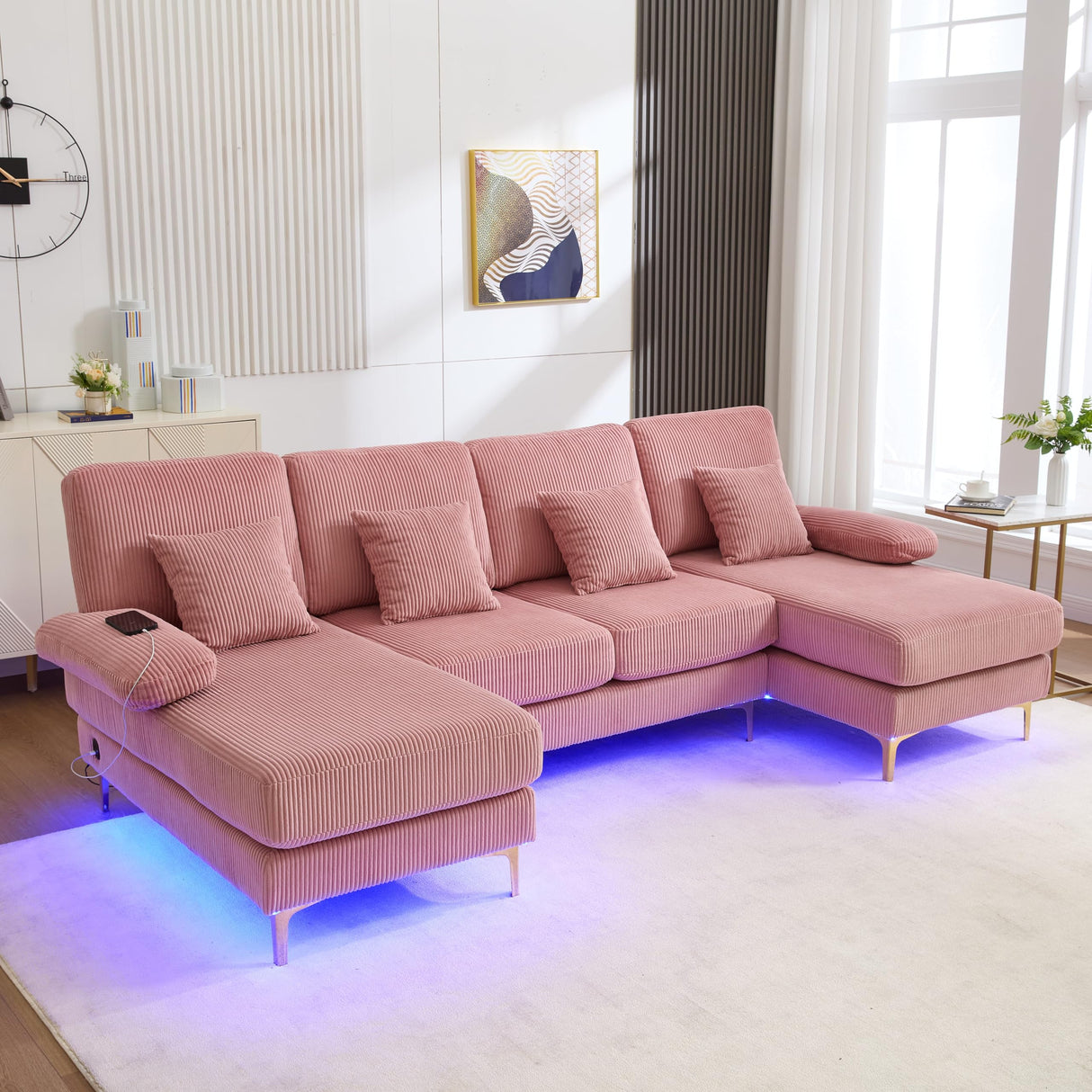 ZEIINPA U Shaped Sectional Sofa Couch for Living Room, 4 Seat Modern Corduroy Sofa with Double Chaise, USB and Lights, 104 inches(Pink Corduroy) ZEIINPA