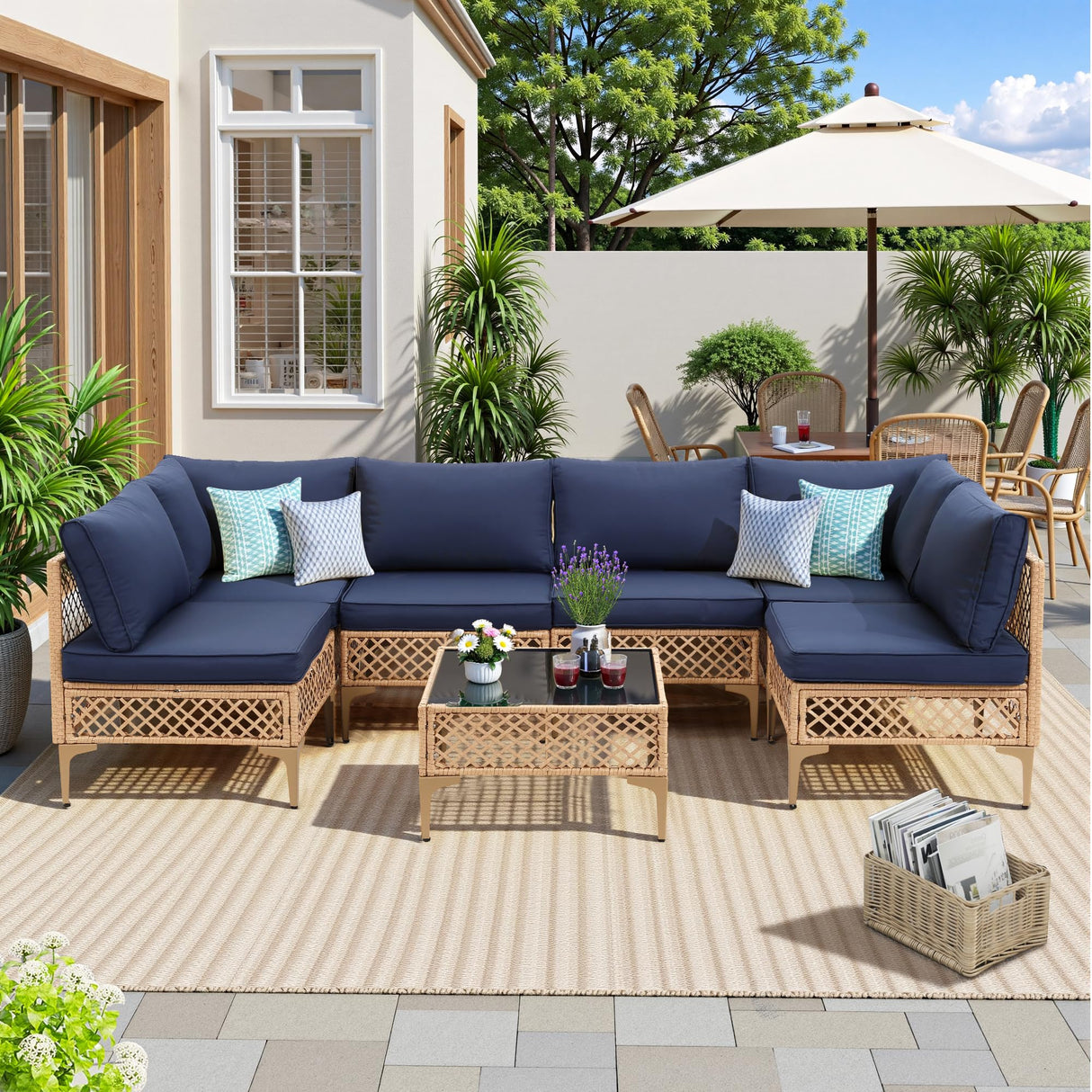 FHFO 7 Piece Outdoor Wicker Patio Furniture Set, Rattan Sectional Sofa Couch, Patio Conversation Set with Cushion & Coffee Table, for Backyard Poolside Porch Garden, Yellow/Blue FHFO
