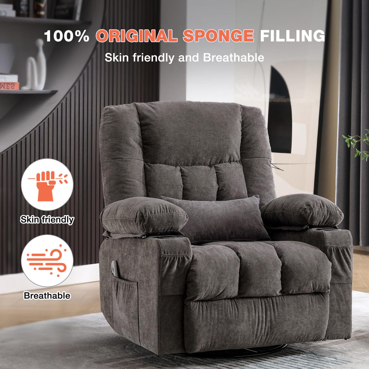 Massage Swivel Recliner Chair with Vibration Massage and Lumbar Heating for Adults,Oversized Rocker Recliner Single Sofa with Side Pocket,Two Cup Holders and USB Charge Port for Living Room MAHOMICO