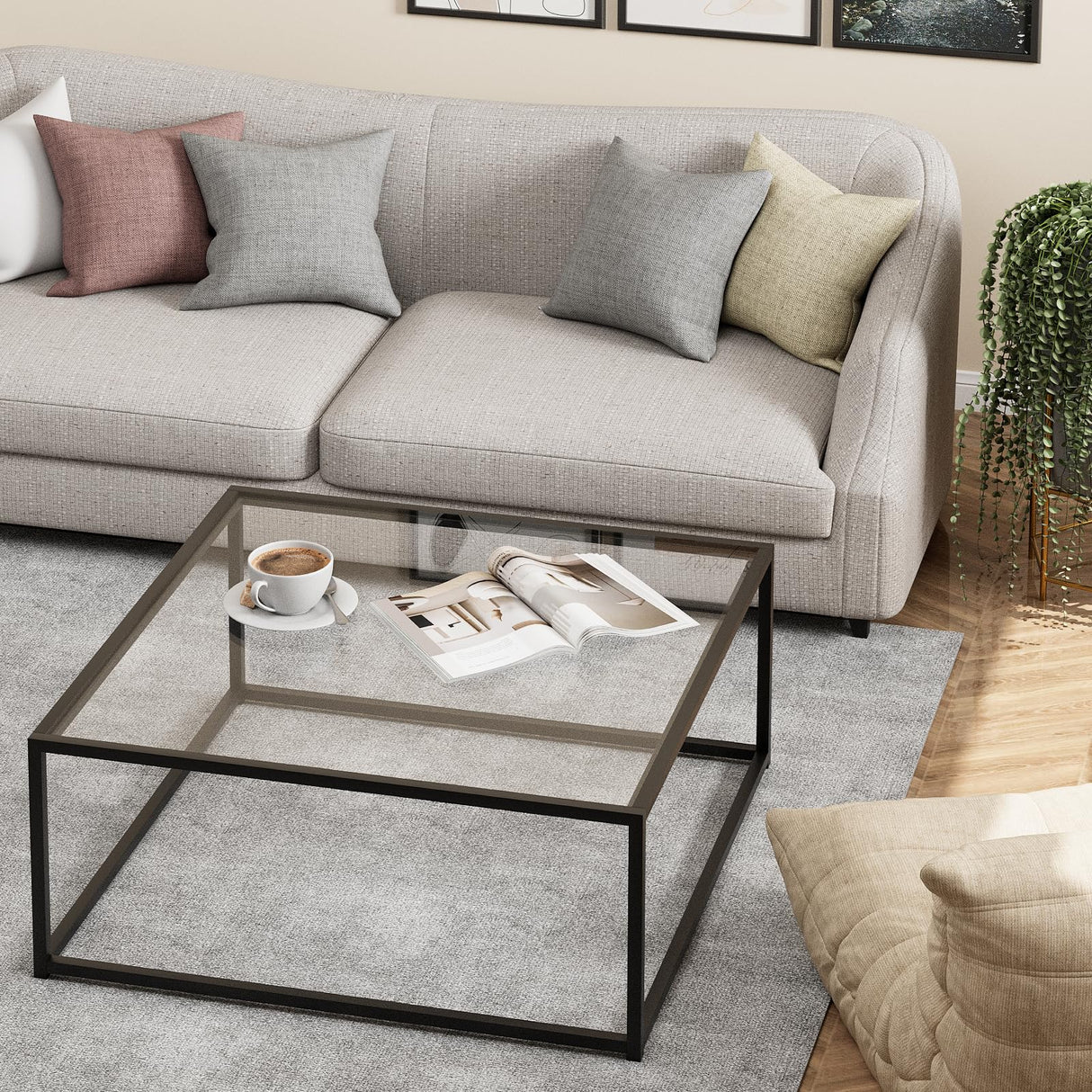 Black Glass Coffee Table for Living Room,Square Coffee Tables for Small Spaces,Simple Tea Cocktail Modern Center Tables, Living Room Tables,Easy Assembly,26 * 26in(Black & Clear Glass) Adompacat