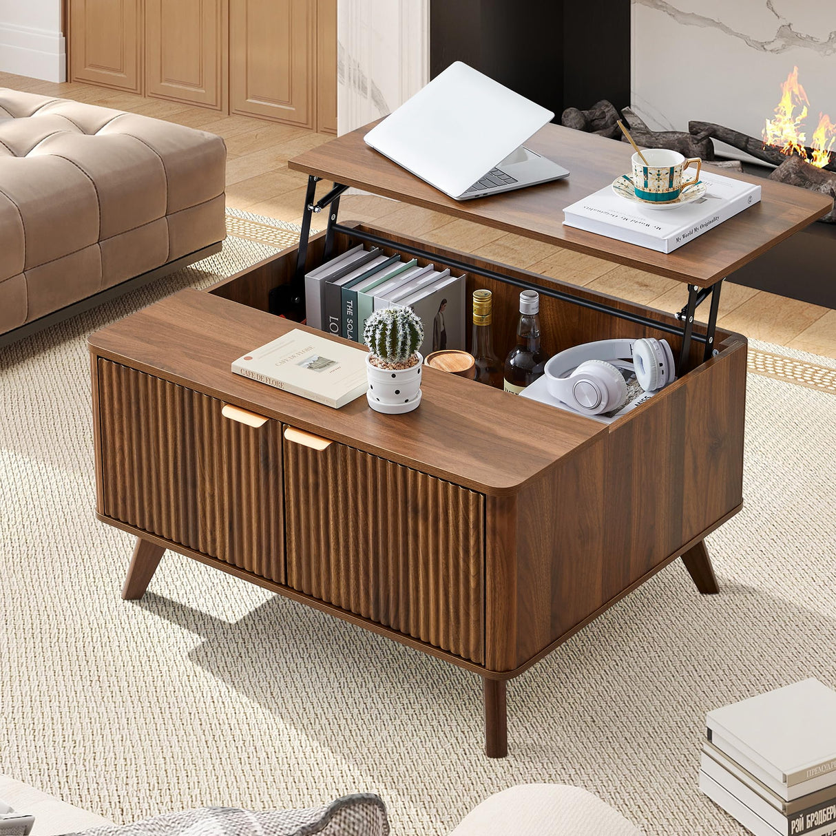 Fluted Lift Top Coffee Table with Large Hidden Compartment, 31.5” Wooden Center Table with Storage, Mid Century Modern Lift Tabletop Coffee Tables for Living Room Home Office, Walnut XUZENEST