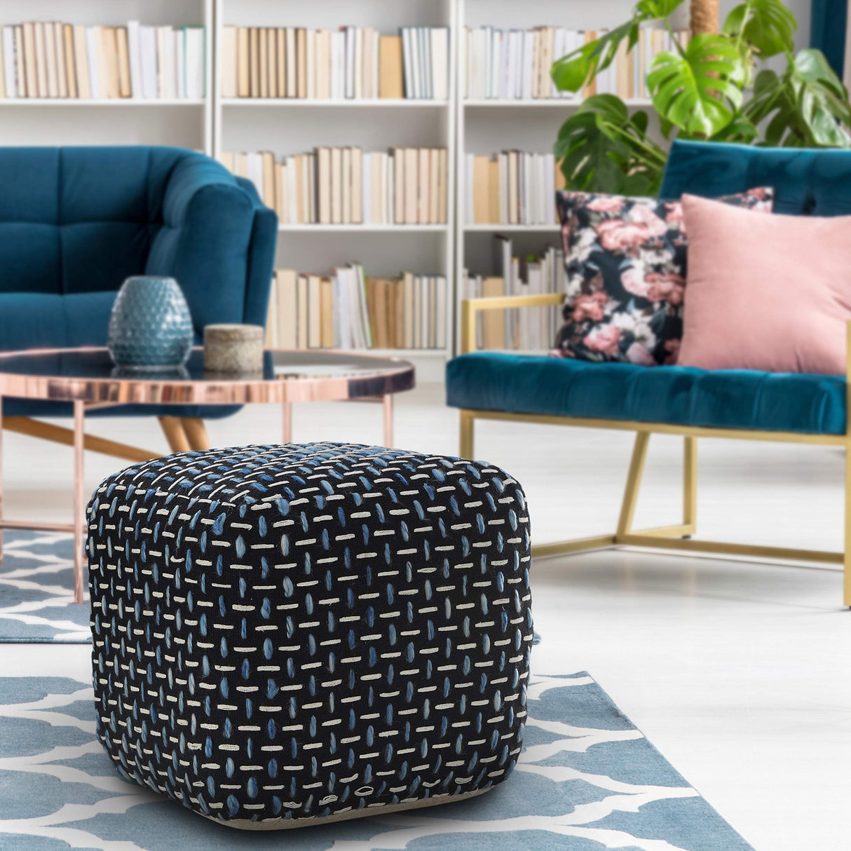 LR Home Evette Rios Black/Blue/White Transitional Polyester Square Ottoman Pouf for Home Decor | Hand-Made Modern Pouf Foot Rest for Bedroom & Living Room Decor | 16 x 16 x 16 Stuffed Pouf for Seating L.R. Resources Inc