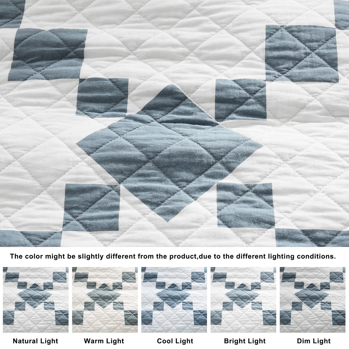 WDCOZY 100% Cotton Quilt Queen Size, Lightweight Reversible Gingham Patchwork Bedding Set with 2 Pillow Shams, Blue Block Pattern Farmhouse Bedspread Shabby Chic Coverlet Thin Comforter All Seasons WDCOZY