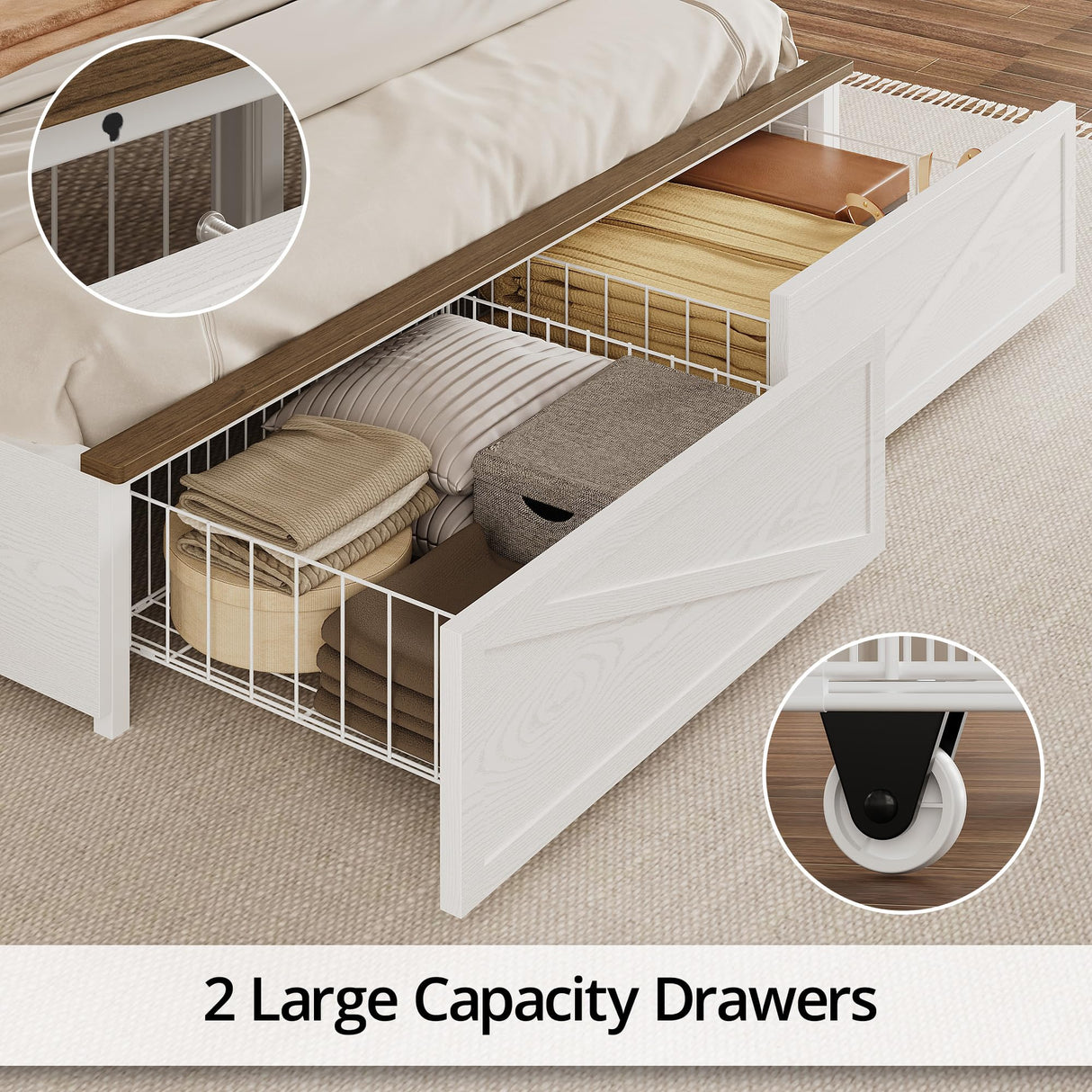 IRONCK Farmhouse Queen Size Bed Frame with LED Light and Charging Station, Wood Bed Frame with Storage Headboard and 2 Drawers, Barn Door Design, Sturdy and Noiseless, White IRONCK