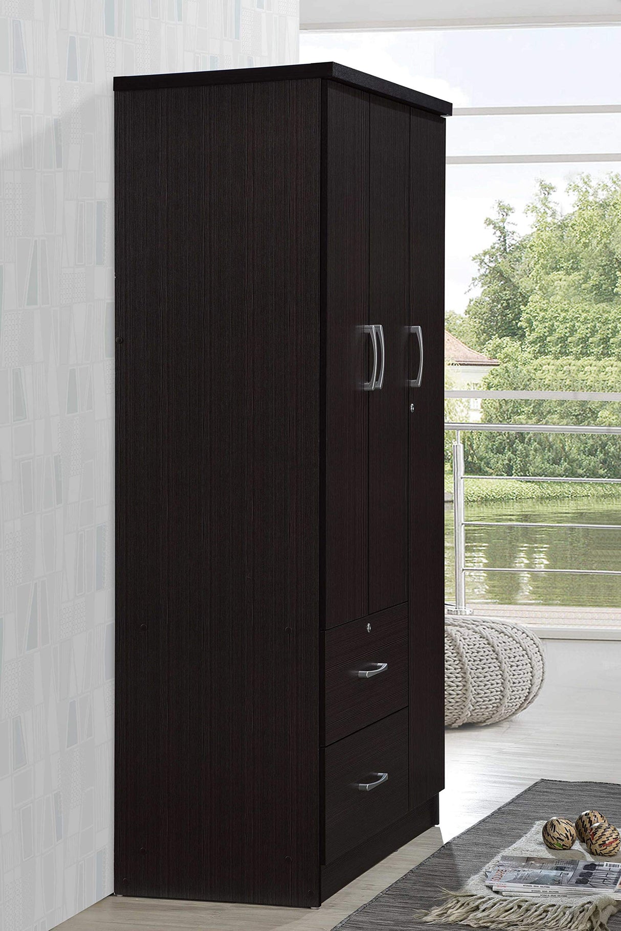 Hodedah 3-Door 2-Drawers, 3-Shelves in Chocolate Bedroom Armoires, 21"D x 36"W x 72"H Hodedah