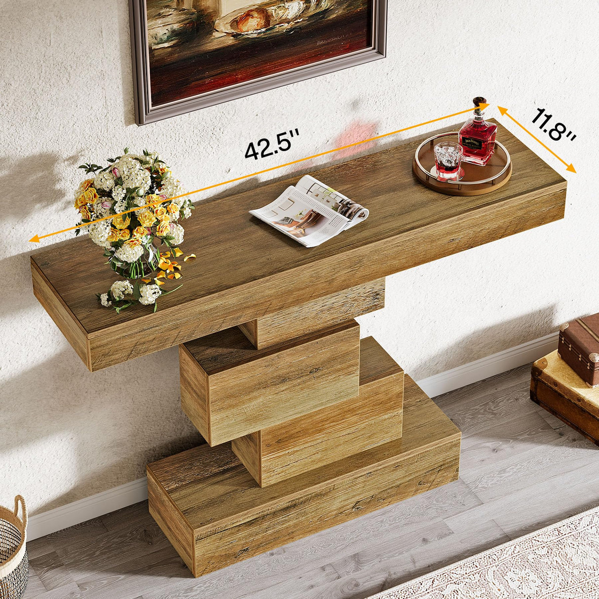 Tribesigns 42.5" Farmhouse Console Table, Narrow Wood Sofa Table Behind Couch with Geometric Base, Industrial Entryway Accent Table for Living Room, Hallway, Entrance (Light Brown) Tribesigns