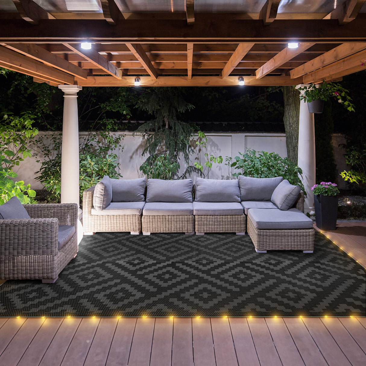 GENIMO Outdoor Rug with LED Strip Lights, 8'x10' Waterproof Camping Mat, Reversible Plastic Straw Rugs for Patio, RV, Camper, Balcony, Backyard, Picnic, Deck, Black & Gray GENIMO