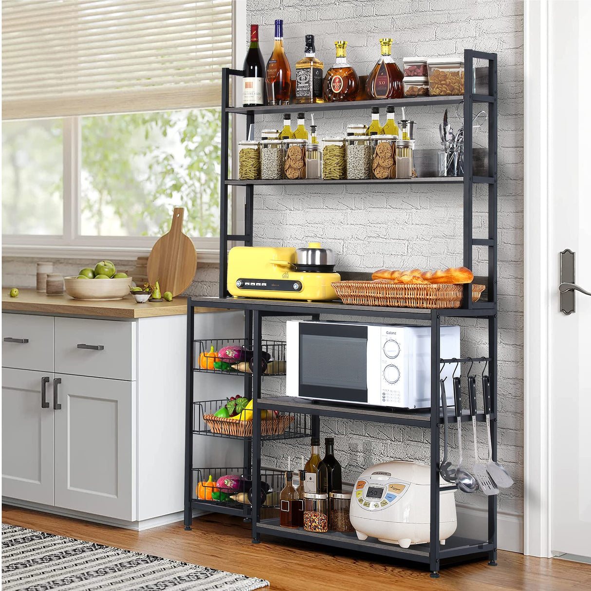 NAIYUFA Kitchen Bakers Rack with Baskets,5-Tier Utility Storage Shelf with Hooks, Microwave Oven Stand Rack, Free Standing Kitchen Shelf Vintage Grey NAIYUFA