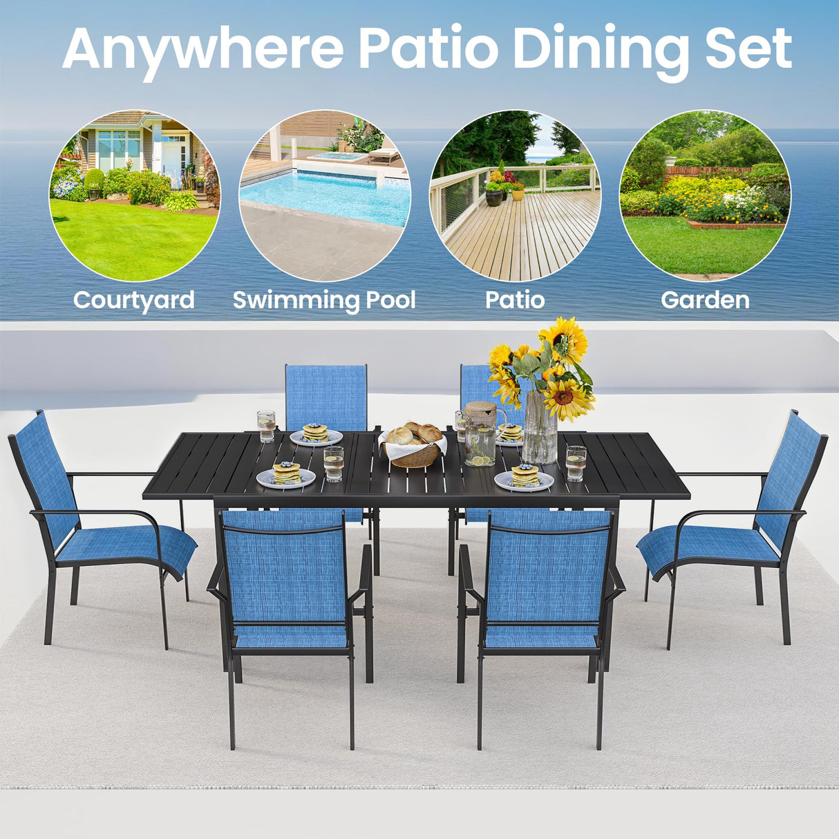BUPPLEE 38"-84" Extendable Outdoor Dining Table Set for 4-8 Person, Rectangular Outdoor Furniture Adjustable Table & 6pcs Textilene Chairs for Porch,Backyard, Garden, Poolside and Deck-7 Piece Blue BUPPLEE