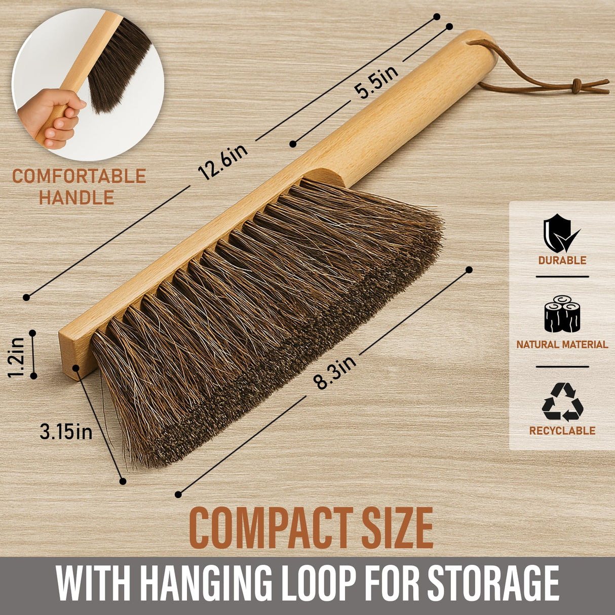 Takavu Multi-Purpose Counter Brush with Solid Wood Handle, Natural Horsehair Bristles for Gentle Dusting of Furniture, Drafting, Patio, Fireplace Cleaning, Shop Brush, Woodworking Tool & Accessories TAKAVU