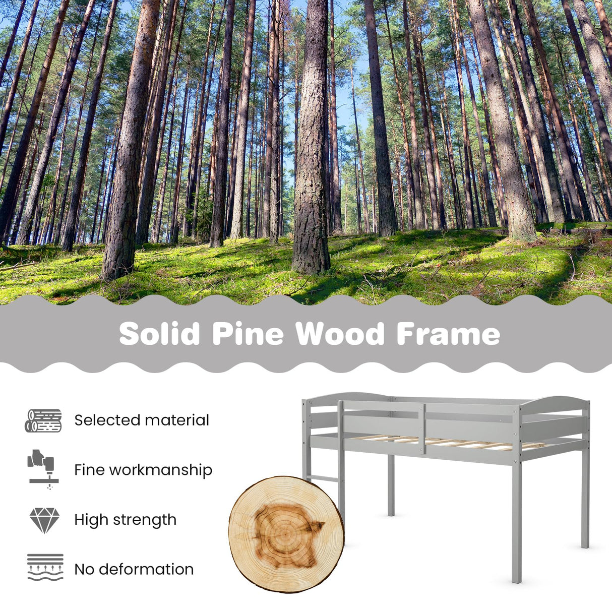 Giantex Twin Loft Bed with Ladder, Wood Low Profile Loft Bed with 30" Clearance & Safety Guard Rails, Space-Saving Loft Bed Frame for Kids Teens Junior, No Box Spring Needed, Kids Bed Frame, Grey Giantex